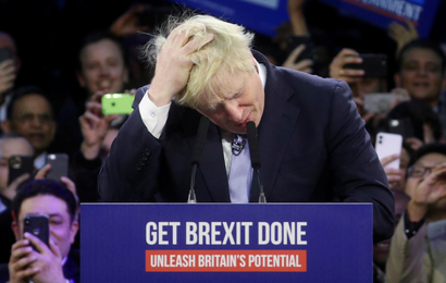Britain's Prime Minister Boris Johnson gestures during a final general election campaign event