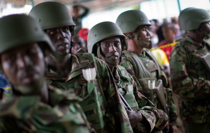 Kenya Defence Forces (KDF) soldiers arrive at a hospital