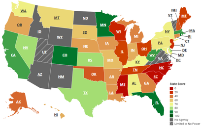 A map of US states color-coded for ethics agencies' transparencies