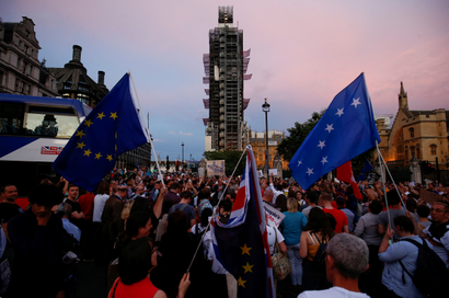 Protestors are seen during an anti-Brexit protest, outside the Houses of Parliament in London,