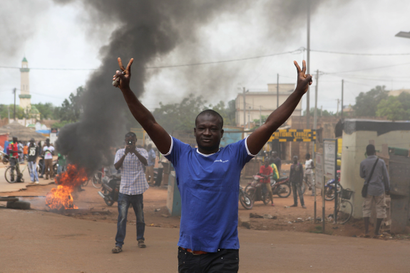 Protesters demonstrate against an ongoing military coup in Ouagadougou, Burkina Faso.