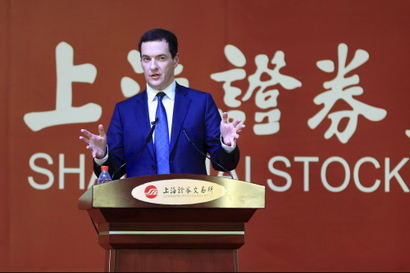 Britain's Chancellor of the Exchequer George Osborne delivers a speech at the Shanghai Stock Exchange..