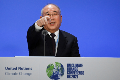 China's chief climate negotiator Xie Zhenhua speaks during a joint China and US statement on a declaration enhancing climate action, during the COP26 climate conference in Glasgow, Britain November 10, 2021.