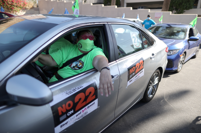 Scene from a protest by Uber and Lyft rideshare drivers against California Proposition 22 in Los Angeles.