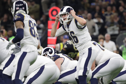 Jan 20, 2019; New Orleans, LA, USA; Los Angeles Rams quarterback Jared Goff (16) audibles during the fourth quarter of the NFC Championship game against the New Orleans Saints at Mercedes-Benz Superdome. Mandatory Credit: Derick E. Hingle-USA TODAY Sports - 12030687