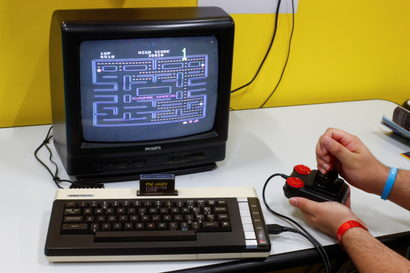 Pac-Man played on a historic Commodore 64 computer.