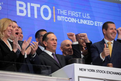 Michael Sapir, CEO of ProShares, rings the opening bell celebrating ProShares Bitcoin Strategy ETF trading as BITO on the NYSE Arca, at the New York Stock Exchange on October 19, 2021.