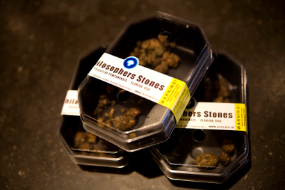 Boxes containing magic mushrooms sit on counter at coffee and smart shop in Rotterdam