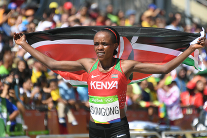 Jemima Sumgong celebrates for Kenya.