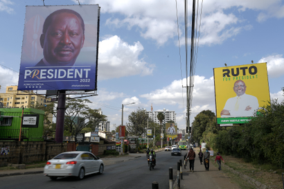 A road in Nairobi with posters of the two main presidential candidates across each other