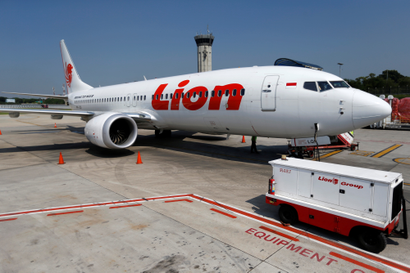 Lion Air's Boeing 737 Max 8 airplane sits on the tarmac near Jakarta