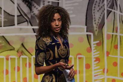 Nigerian's Maya Horgan Famodu, founder of 'Ingressive', a market entry and market operations firm, speaks as she takes part in the first Women Entrepreneurs Finance Initiative (We-Fi) West Africa Regional Summit