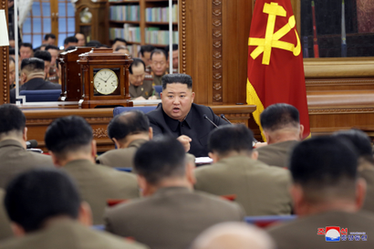 North Korean leader Kim Jong Un speaks during the Third Enlarged Meeting of the Seventh Central Military Commission (CMC) of the Workers' Party of Korea (WPK) in this undated photo released on December 21, 2019 by North Korea's Korean Central News Agency (KCNA).