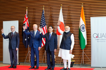 Prime Minister of Australia Anthony Albanese, U.S. President Joe Biden, Prime Minister of Japan Fumio Kishida, Prime Minister of India Narendra Modi, pose for photos at the entrance hall of the Prime Minister’s Office of Japan in Tokyo, Japan. The all stand, waving their right hands.