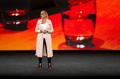 Apple Senior Vice President of Retail, Angela Ahrendts, speaks during a product launch event.