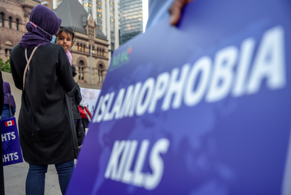 People attend a rally to highlight Islamophobia in Toronto