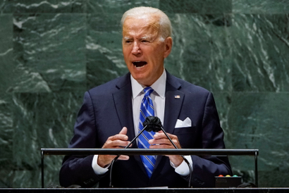 US President Joe Biden addresses the 76th Session of the UN General Assembly in New York City, US, September 21, 2021.