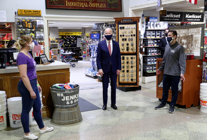 US president Biden visits a hardware store to highlight coronavirus aid to small business in Washington.