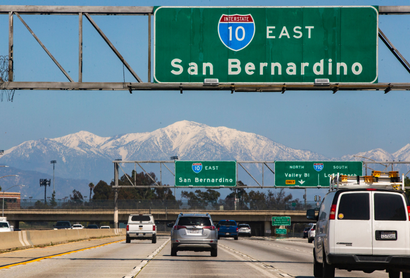 The San Gabriel Mountains are seen from the Interstate 10 in East Los Angeles, Monday, March 30, 2020.