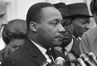Martin Luther King Jr. speaks after meeting with President Lyndon B. Johnson to discuss civil rights at the White House in Washington, U.S., December 3, 1963.