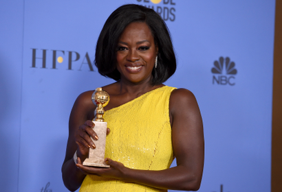Viola Davis poses in the press room with the award for best performance by an actress in a supporting role in any motion picture for "Fences" at the 74th annual Golden Globe Awards at the Beverly Hilton Hotel on Sunday, Jan. 8, 2017, in Beverly Hills, Calif.