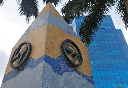A logo of L&T is pictured outside its Corporate office in Mumbai