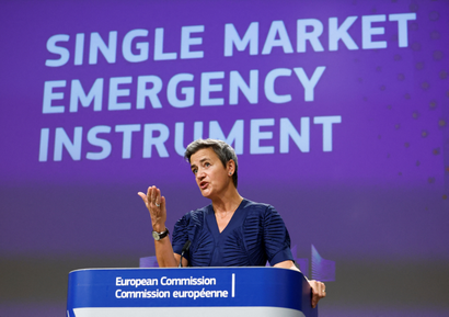 European Commission Vice President Margrethe Vestager speaks during a news conference in Brussels.