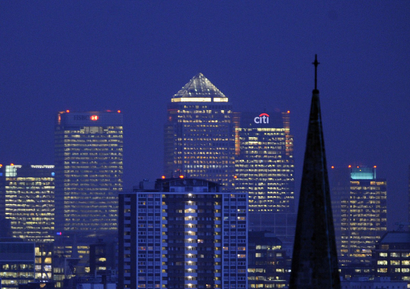 London's financial district seen at night.