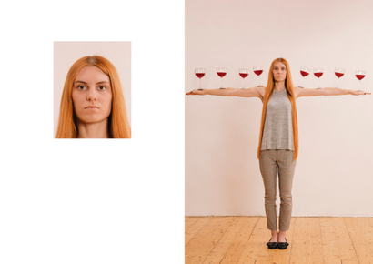 On the left, a passport photo of a young redheaded woman. On the right, a full-length photo of the woman balancing glasses of wine on her arms.