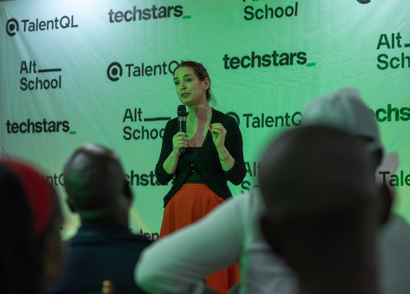 Techstars CEO Maelle Gavet giving a speech to an audience in Lagos