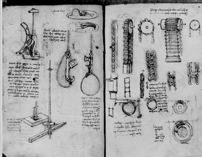 These are two of the 700 pages of manuscript by Leonardo Da Vinci which were found in the National Library of Madrid and show a variety of his inventions. At right are links and chain drivers, much like those on bicycles. Escapement, upper left, is used to convert linear into rotary motion as plunger is pushed down. At left center are two simple release mechanisms, like those in cranes. The manuscript pages had been lost for almost two centuries. February 14, 1967 photo. (AP Photo)