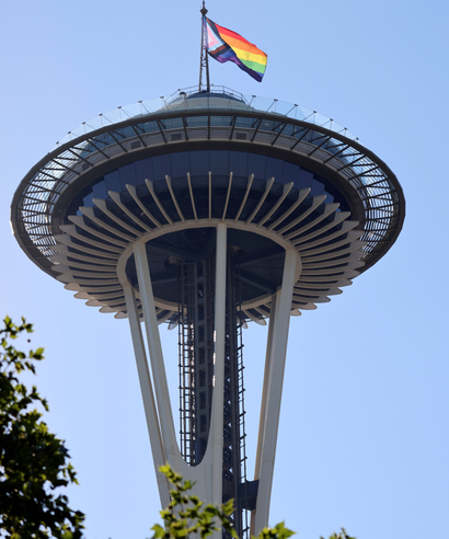 A Pride flag flies on top of the Space Needle in Seattle