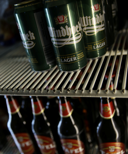 Beers are packed in a fridge at a bar in Windhoek, Namibia.