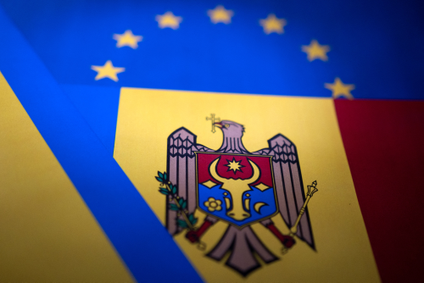 EU, Ukraine and Moldova flags are seen in this illustration.