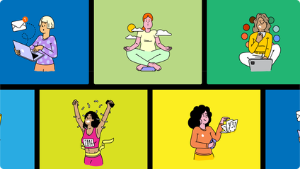 A series of illustrations in squares of five women sending email, meditating, working on a laptop, winning a race, and flipping through a calendar.