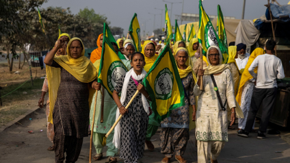 Women farmers attend a protest against farm laws on the occasion of International Women&#039;s Day at Bahadurgar near Haryana-Delhi border, India, March 8, 2021.