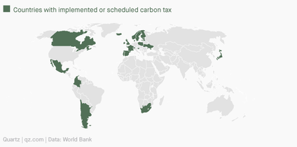 Map showing countries which have implemented or scheduled a carbon tax. They include Canada, Mexico, Colombia, Chile, Argentina, South Africa, Japan, and various countries in Europe.