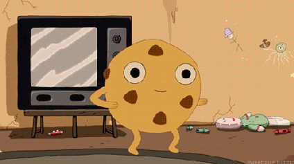 An animated gif of a cookie dancing in front of a TV in a scary looking and very dirty room.