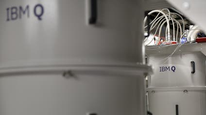 A quantum computer, encased in a refrigerator that keeps the temperature close to zero kelvin in the quantum computing lab at the IBM Thomas J. Watson Research Center in Yorktown Heights, N.Y