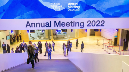 People visit the Congress Center on the opening day of the WEF annual meeting in Davos.