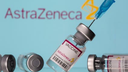 A stock image of a vaccine in front of the AstraZeneca logo