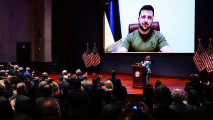 Ukraine’s President Volodymyr Zelenskiy delivers video address to members of the U.S. Congress at the Capitol in Washington