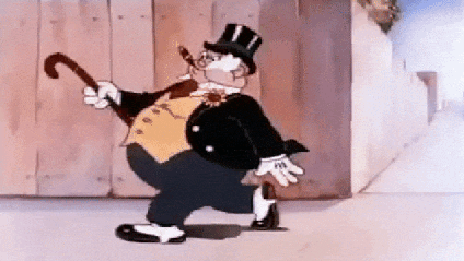 A gif of an old cartoon in which a man in a top hat and tails, smoking a cigar, struts down the street.