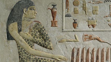 Painted limestone stele of Nefertiabet, daughter of the pharaoh Cheops, wearing a leopard skin from Giza, detail, Old Kingdom, Dynasty IV