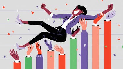 Illustration of women being held up by a chart with confetti surrounding her.