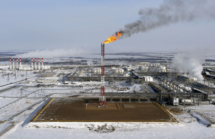 A flame burns from a tower at Vankorskoye oil field owned by Rosneft company north of the Russian Siberian city of Krasnoyarsk.