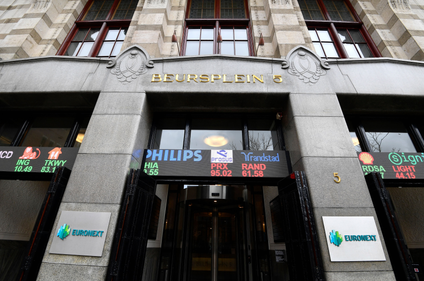 An illustration shows the Euronext Amsterdam stock exchange in Amsterdam on April 7, 2021. - Amsterdam is vying for the top share as a trading spot in Europe after the United Kingdom departed the European Union in 2020 known as Brexit. 