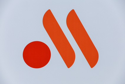 Logo of red circle on left with two orange diagonal stripes.