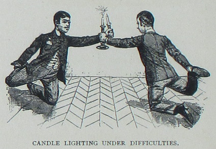 Two gentlemen in suits balance on their knees while holding candles aloft, their arms crossing. The caption reads: &quot;Candle lighting under difficulties.&quot;