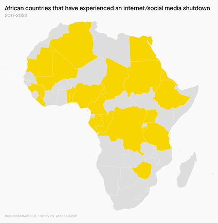 A map showing African countries that have had internet/social media shutdowns from 2017 to 2022